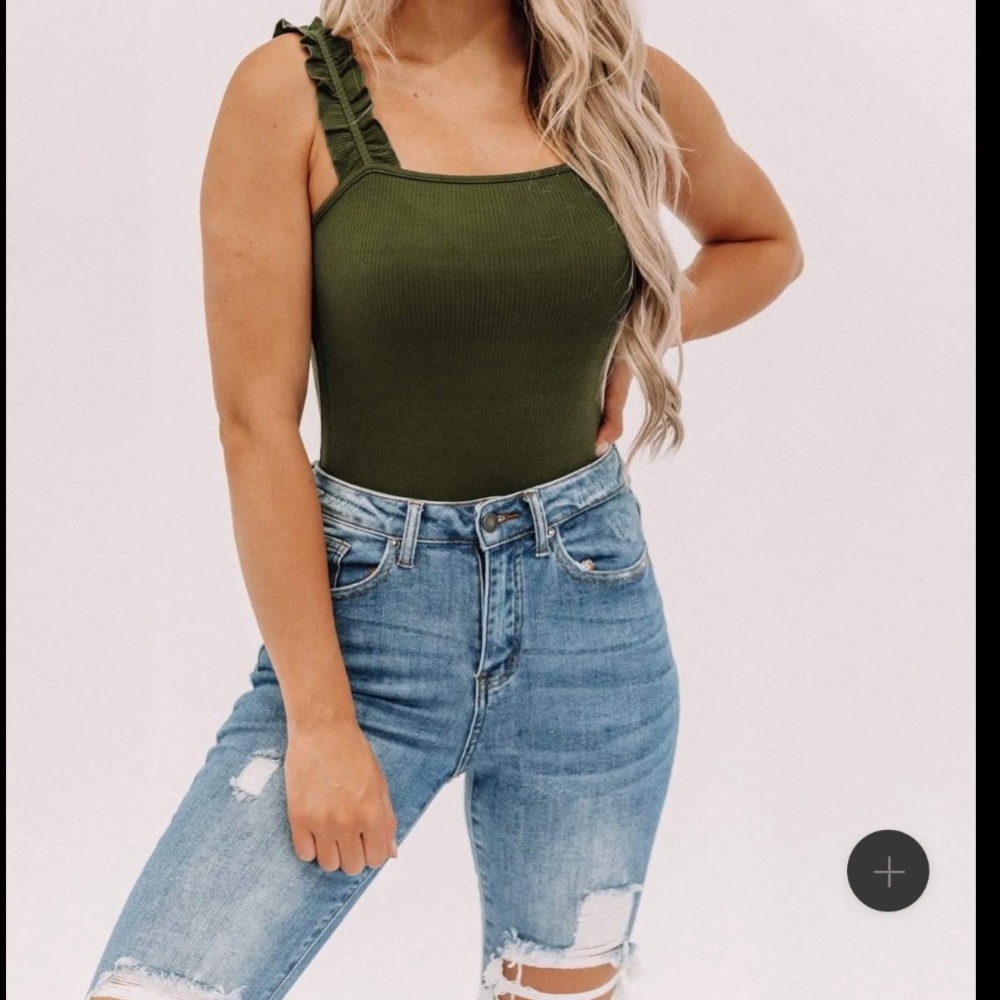 Olive Ruffle Ribbed Bodysuit